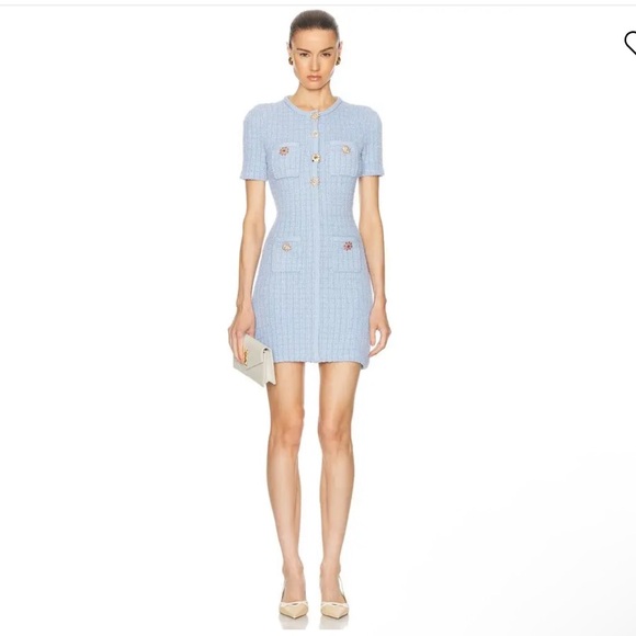 Self-Portrait Dresses & Skirts - Self-portrait Jewel Button Knit Mini Dress Elegant Blue Short-Sleeve Dress